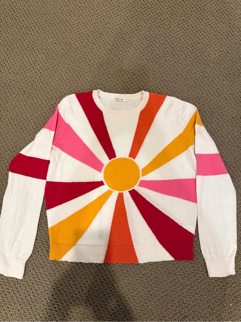 Marine Layer White Sweater with Pink, Red, Orange & Yellow Sunburst. Size Small.